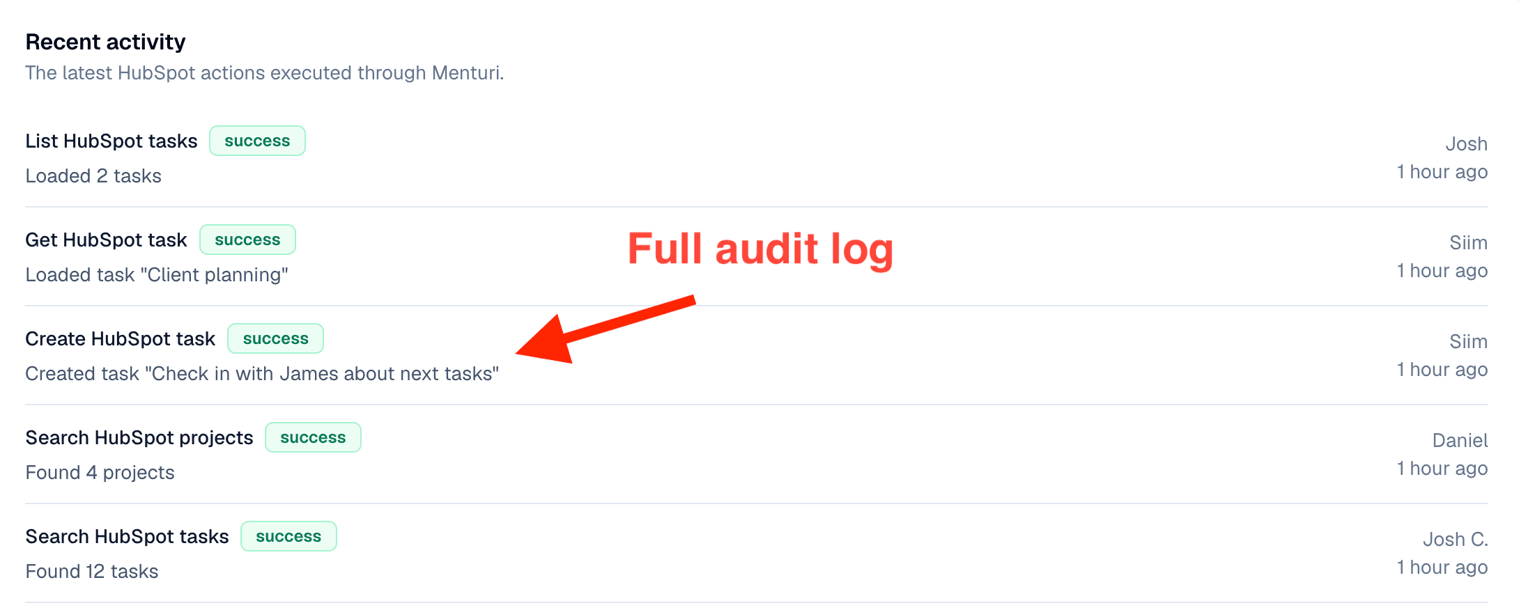 Full log of every action