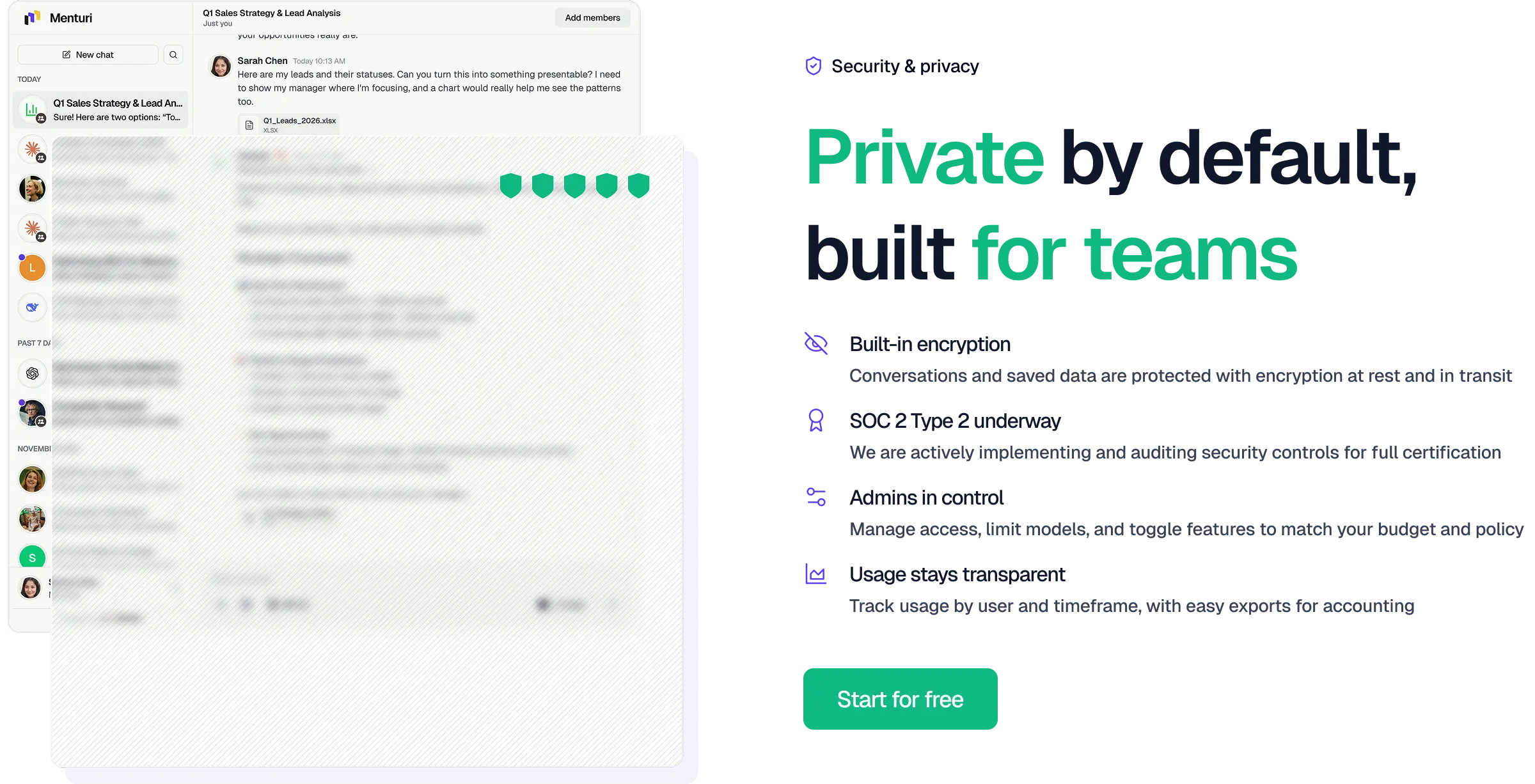 Menturi dashboard showing security & privacy features