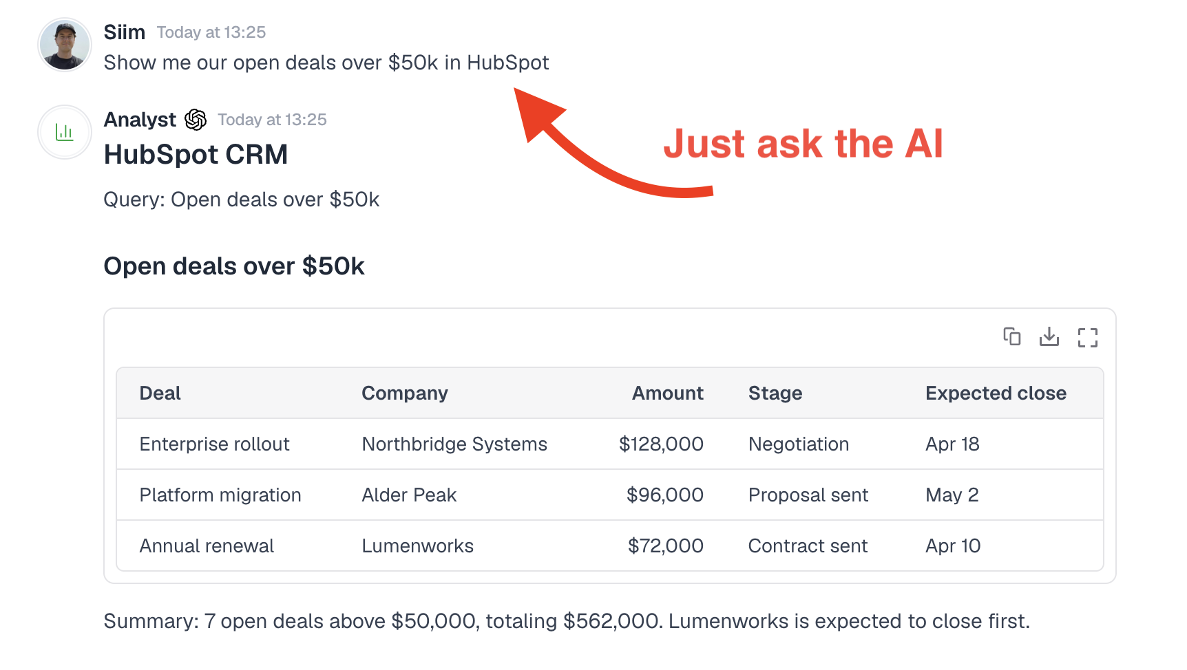 Querying HubSpot deals through Menturi chat