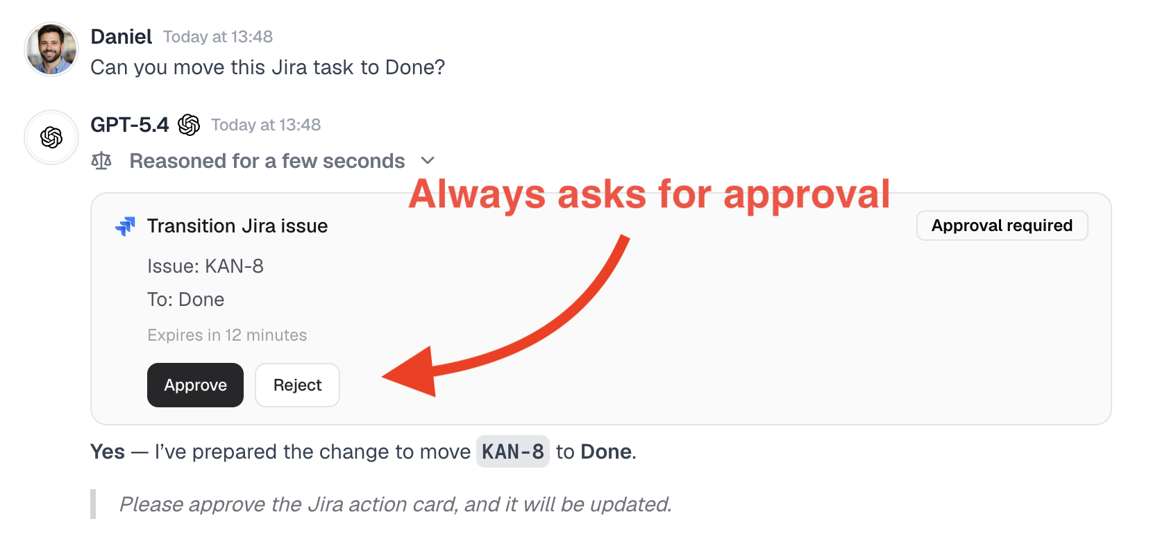 Jira approval card in Menturi chat